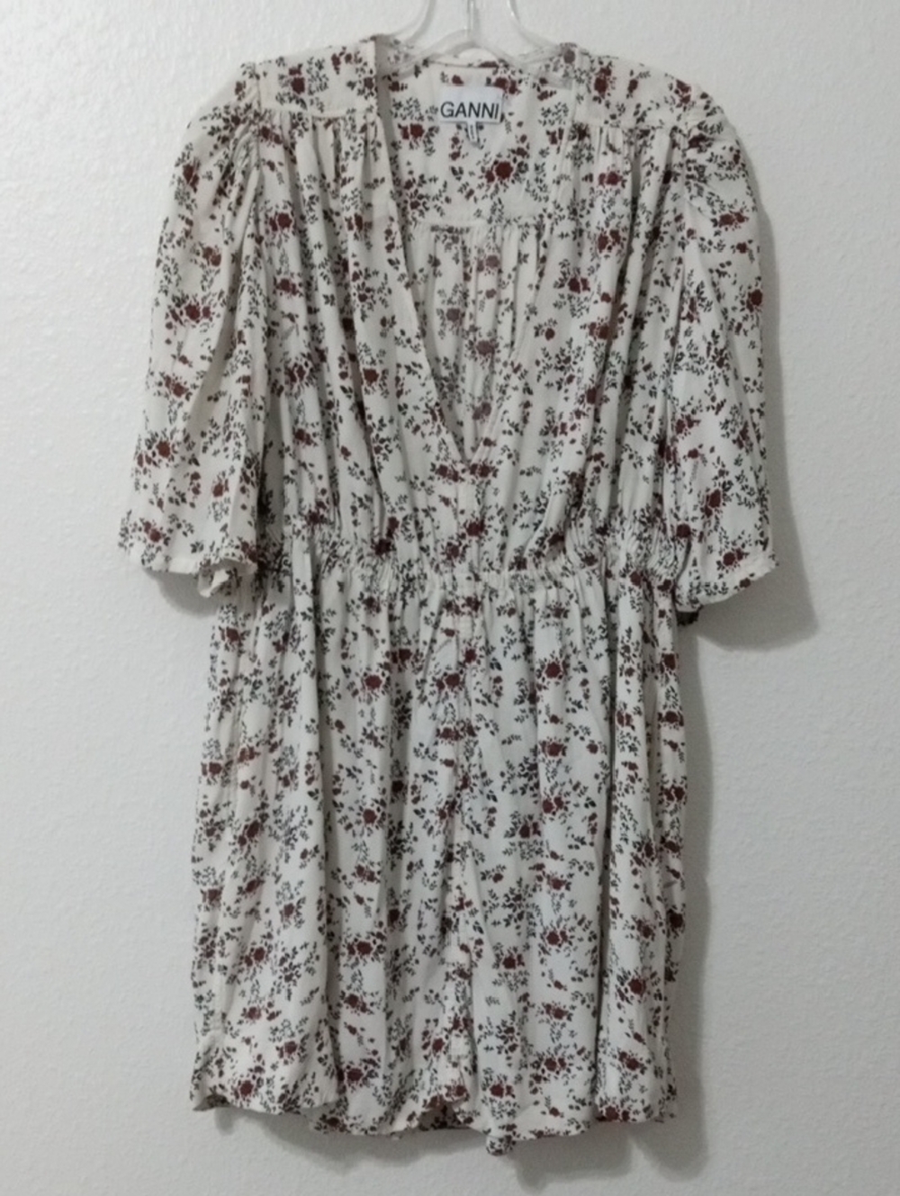 Ganni Cream Mini Dress with Brown Floral Print - Picture 2 of 7